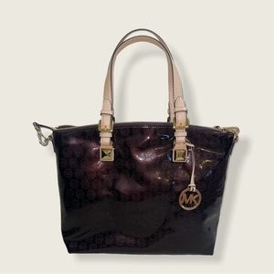 Michael Kors Jet Set Tote Satchel Bag Mono Patent Signature Logo Coffee